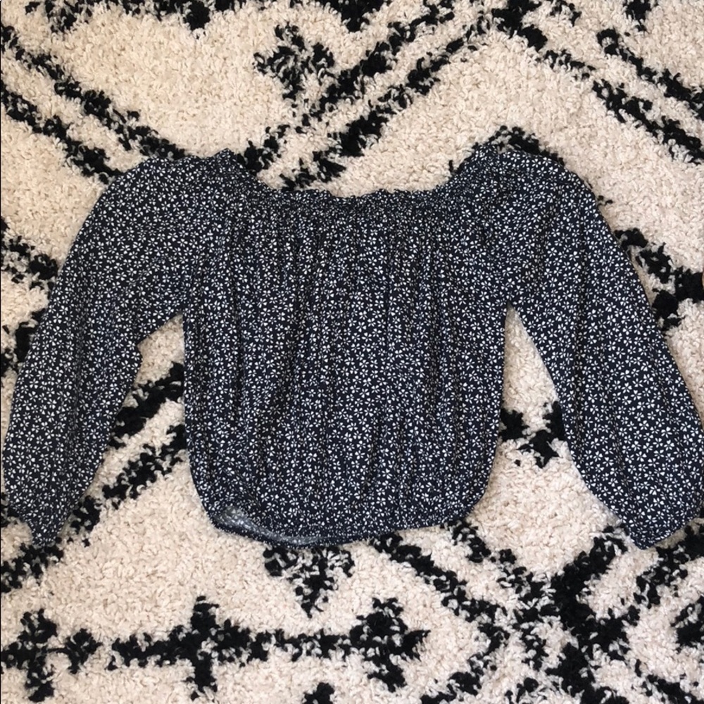 navy blue floral off the shoulder brandy top